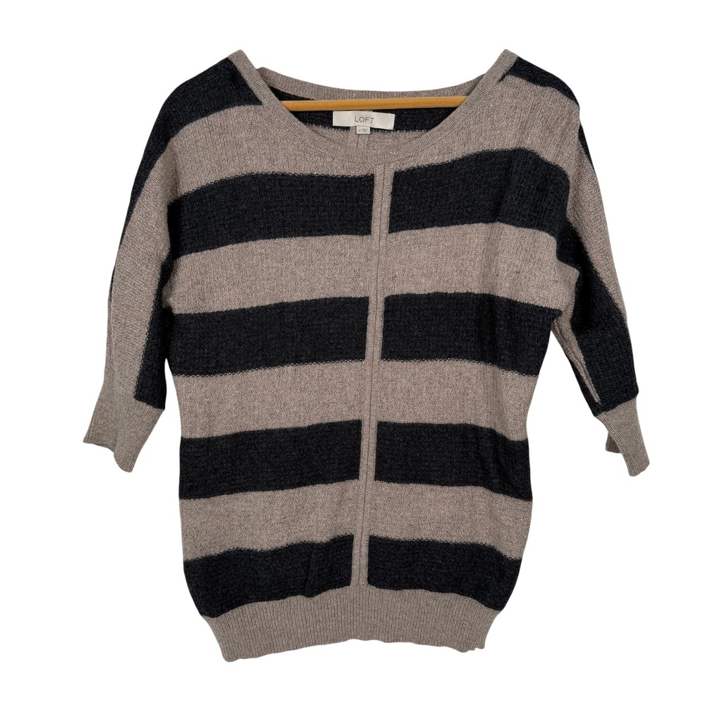 LOFT Striped Sweater Womens Medium Tan Black 3/4 Sleeve Wool Blend 294706